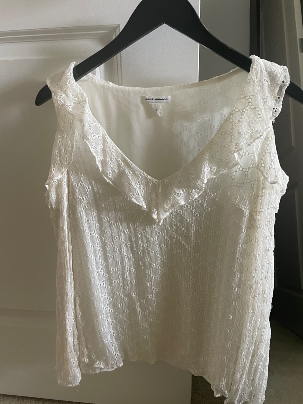 Club Monaco White Lace Ruffle V-Neck blouse with cut-out shoulders